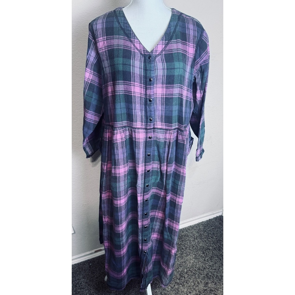 VTG 90s Flannel Maxi Dress 1X Blue Plaid Snap Front Pockets country prairie
